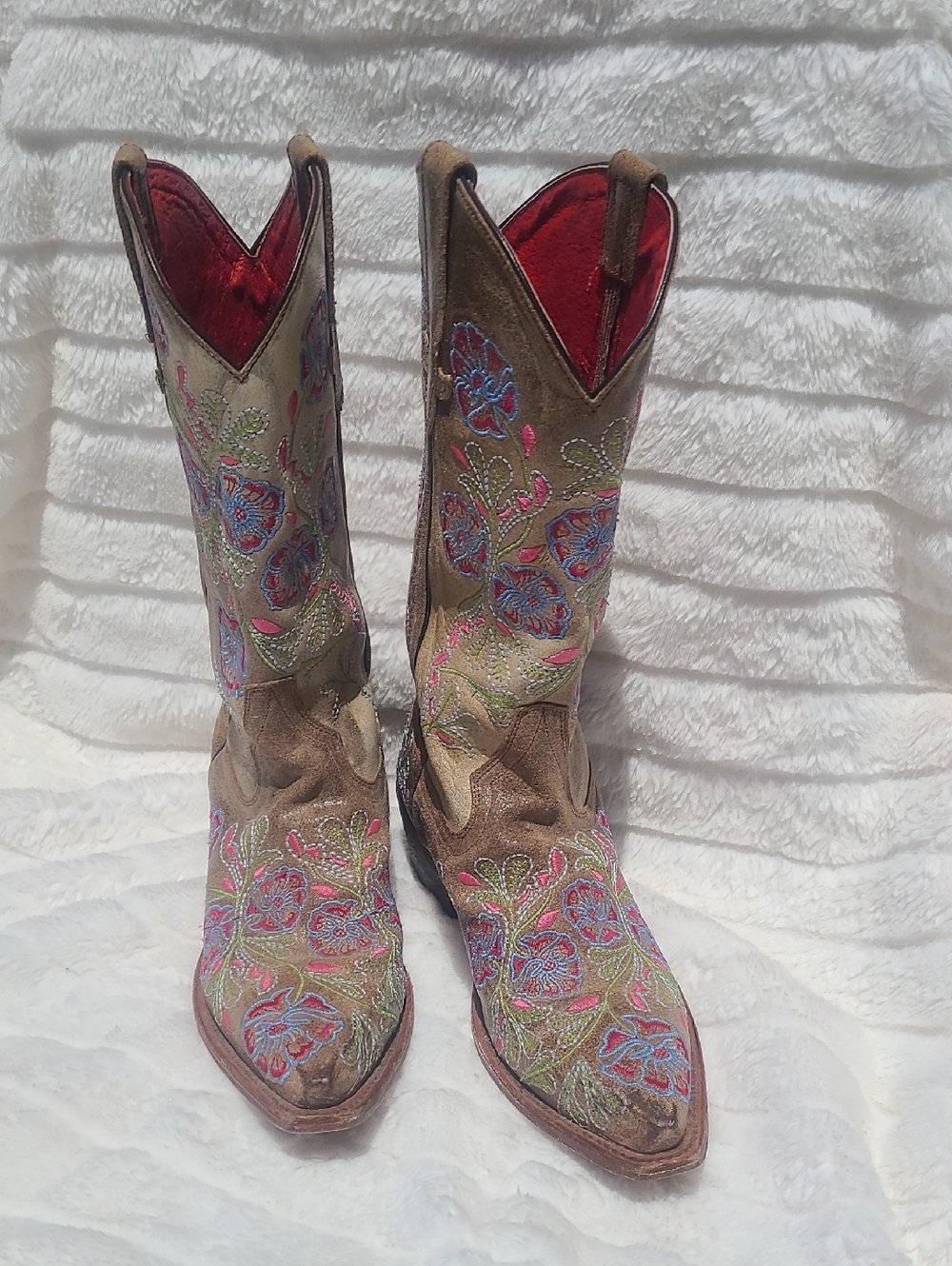 Embroidered Floral Western Cowgirl Boots - Pink & Blue Accents
